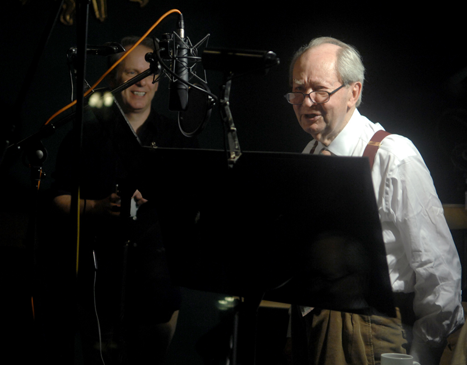 Wallace and Gromit creator Nick Park and Peter Sallis recording Wallace’s dialogue for Wallace & Gromit: The Curse of the Were-Rabbit (2005).