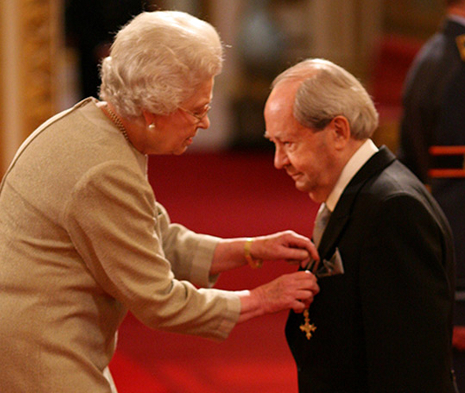 Peter Sallis is being awarded the Order Of The British Empire by Her Imperial and Royal Majesty Queen Elizabeth II on June 14, 2007.